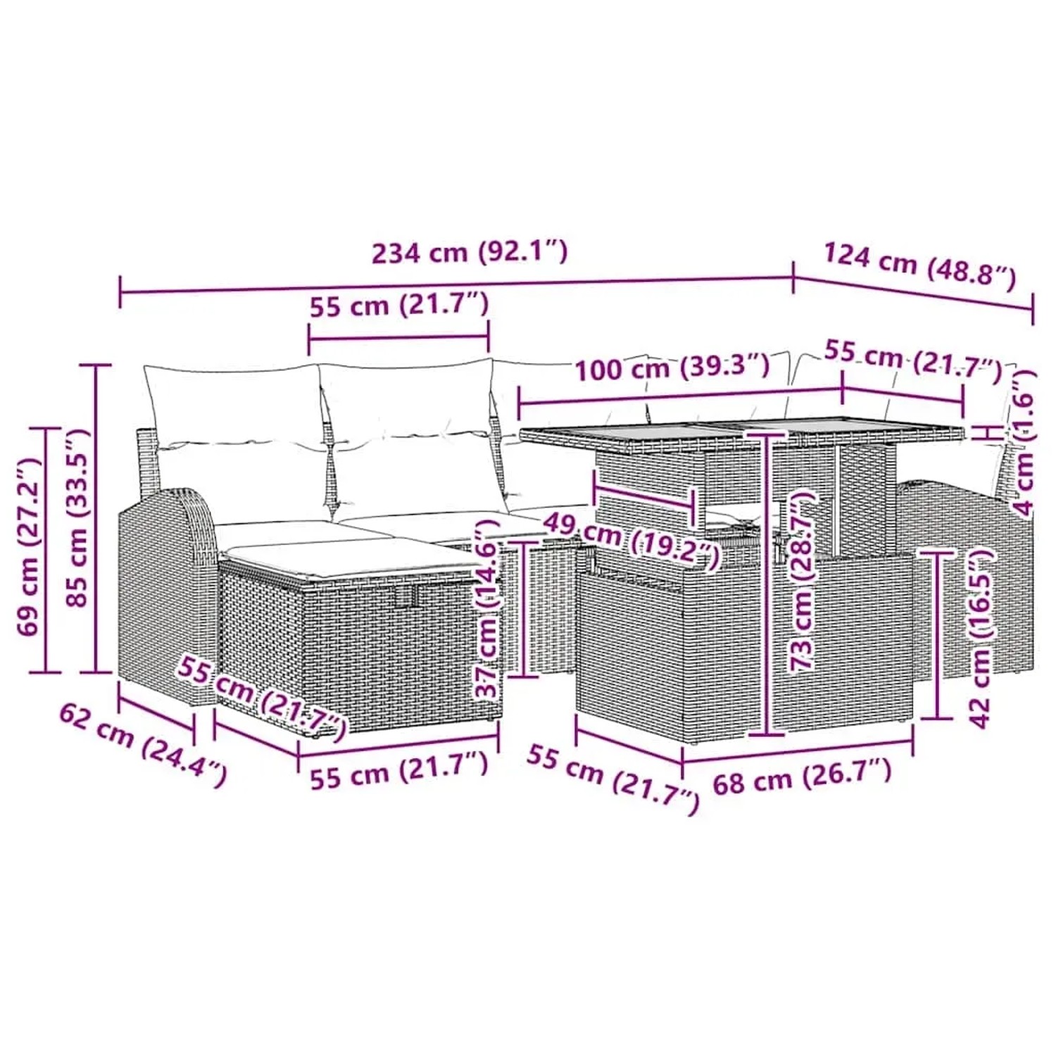 vidaXL Gartenmöbel-Set grau, 7-teilig mit Tisch und Kissen, Poly Rattan. Abmessungen siehe Bild.