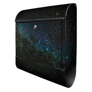 Schwarzer Design Briefkasten mit Nachthimmel Motiv und Zeitungsfach. Pulverbeschichtet, 39x47x14cm.