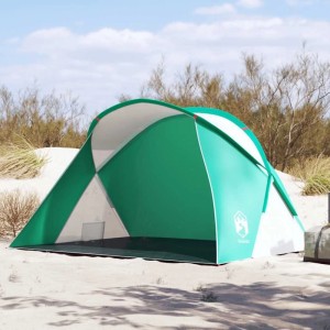 Meergrünes Pop-Up Strandzelt auf Sandstrand mit offener Front. Ideal für Sonnenschutz und Camping.