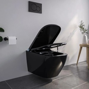 Schwarzes, spülrandloses Bernstein Dusch-WC PRO+ 1104, eckige Komplettanlage.