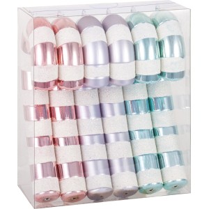 Baumschmuck-Set mit 6 Zuckerstangen in Rosa, Lila und Türkis mit Glitzer.