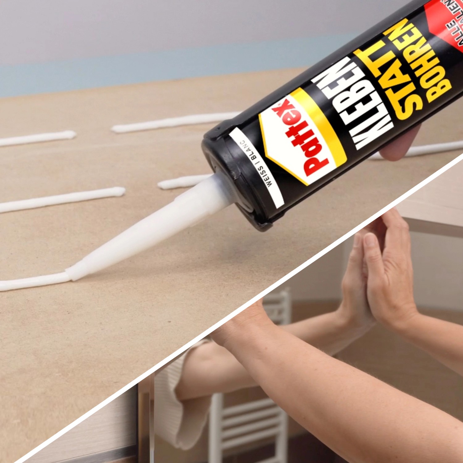 Pattex Montagekleber Kartusche in Weiß beim Auftragen. Kleben statt Bohren.