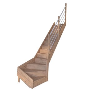 StarWood Treppe Rhodos Eiche, gewendelt, mit weißem Holz-Edelstahl-Geländer.