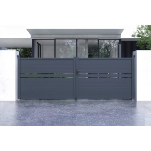 Graues Casanoov Flügeltor aus Aluminium mit Pfosten für den Garten.