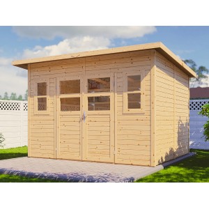 Bertilo Holz-Gartenhaus Felix, 293x245 cm, Natur, mit Doppeltür und Fenstern.