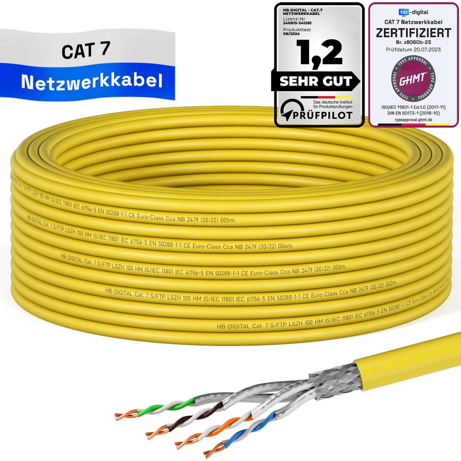 hb-digital CAT 7 Kabel Netzwerkkabel max. 1000 MHz S/FTP AWG23 LSZH 15m gelb