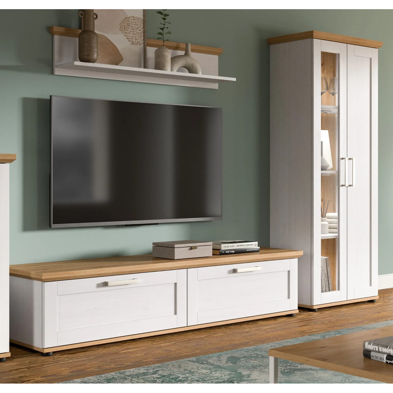 Wohnwand Mirano, 3-teilig, weißer Lärche-Look mit Eiche-Akzenten, Landhausstil. Vitrine, TV-Lowboard, Wandboard.