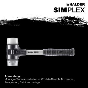 Halder Simplex Schonhammer Ø 80 mm mit Superplastik und Weichmetall Einsatz, Fiberglasstiel.