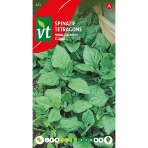 Spinat New Zealand Samenpackung mit grünen Spinatblättern. Gemüsesamen für den Garten.