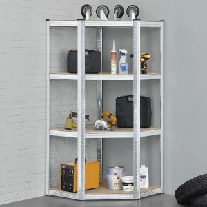 Eckregal Corner Easy mit vier Böden aus MDF-Holz und verzinktem Metallrahmen, beladen mit Werkzeugen.