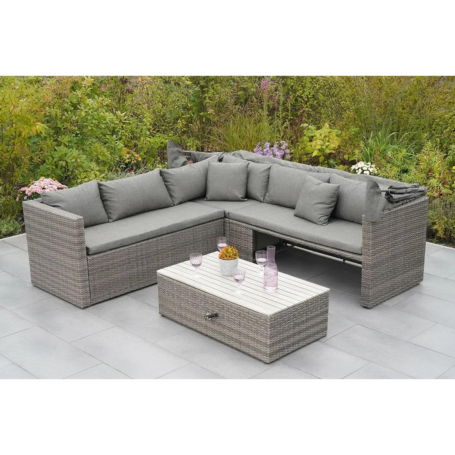 Gartenmöbel Lounge-Gruppe San Marco, graues Eckset mit Dach, Tisch und Kissen.