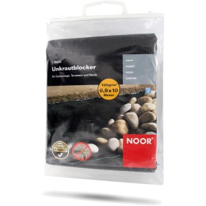 Verpackter Noor Unkrautblocker, 0,9x10m, 105g/m², für Garten, Terrasse & Beet.