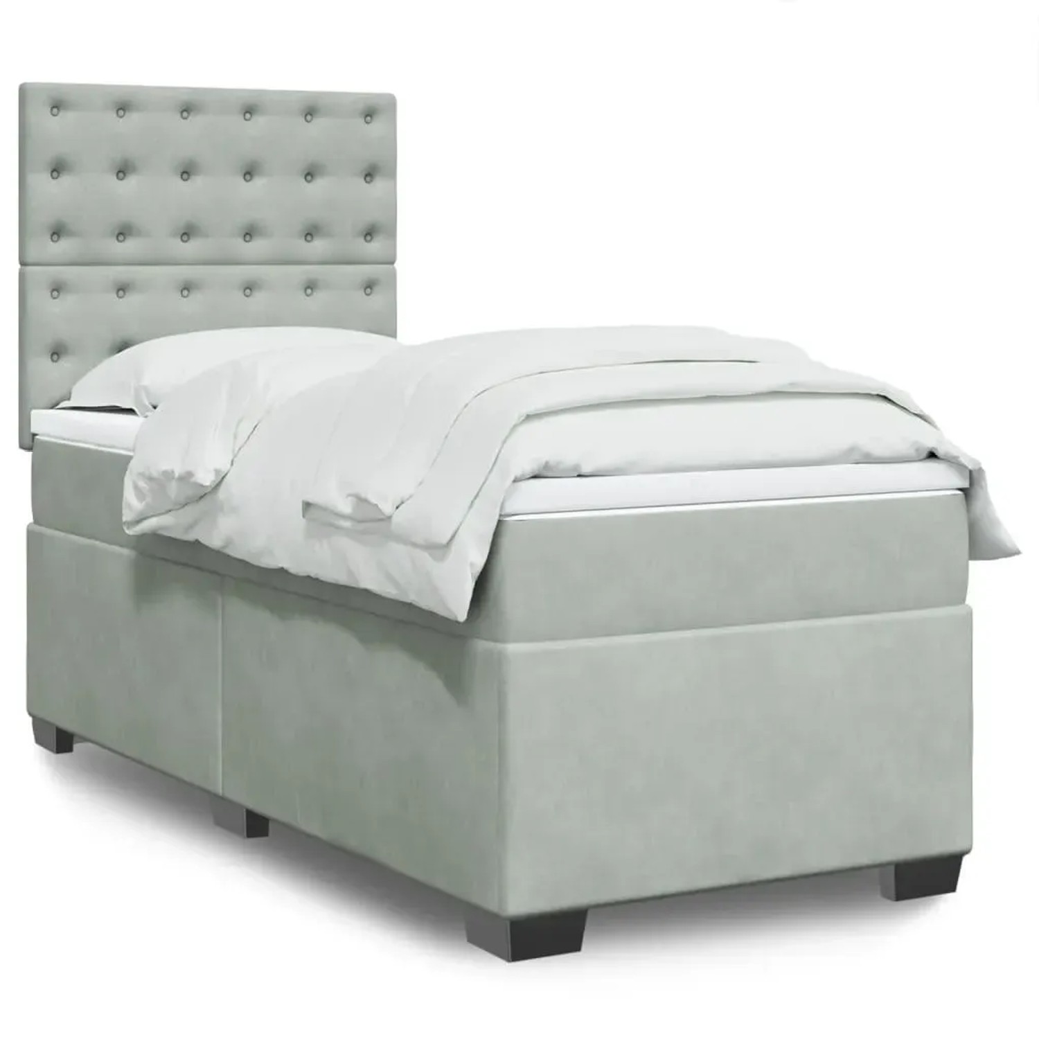 Helles, graues vidaXL Boxspringbett (90x190 cm) mit Samtbezug, Matratze und Kopfteil.