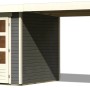 Terragraues Karibu Holz-Gartenhaus Raala mit Pultdach und überdachter Fläche.