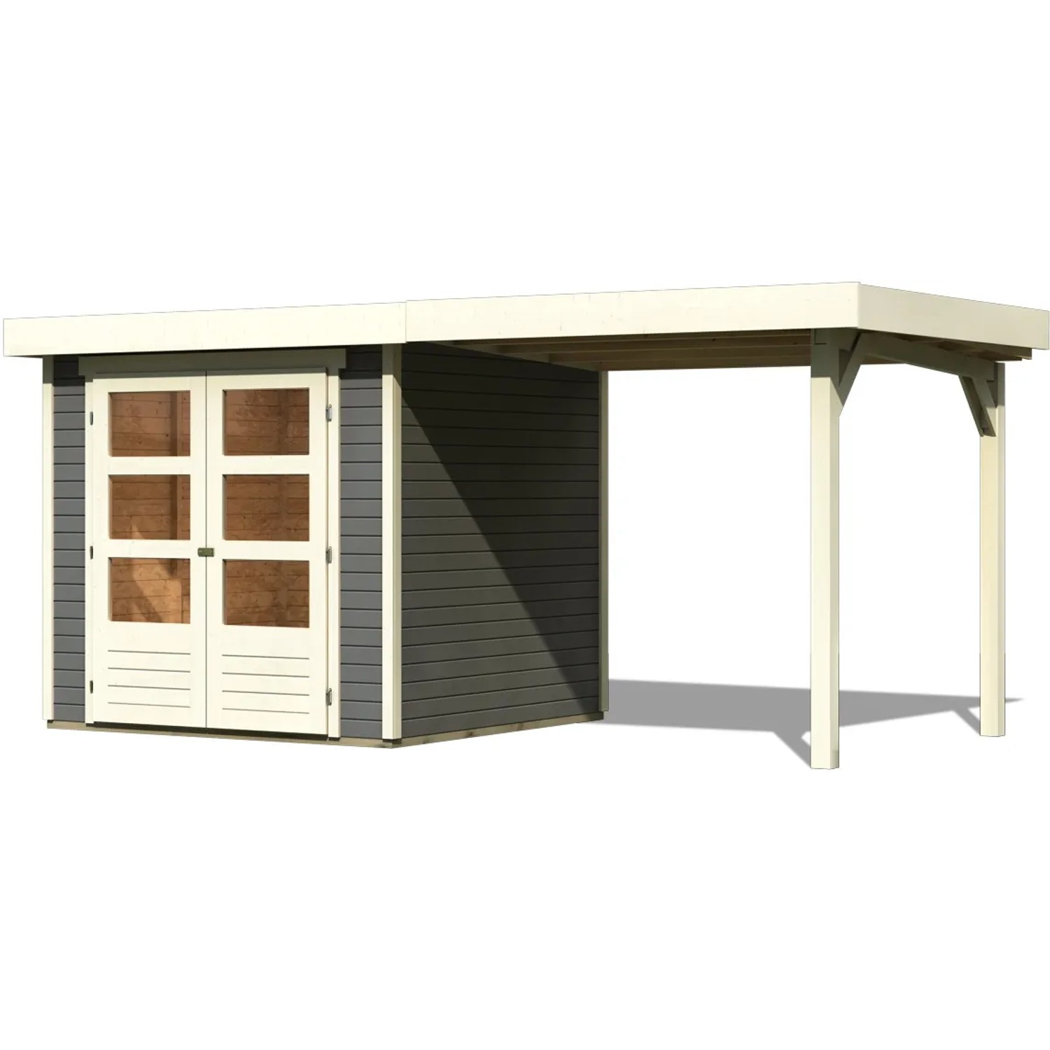 Terragraues Karibu Holz-Gartenhaus Raala mit Pultdach und überdachter Fläche.