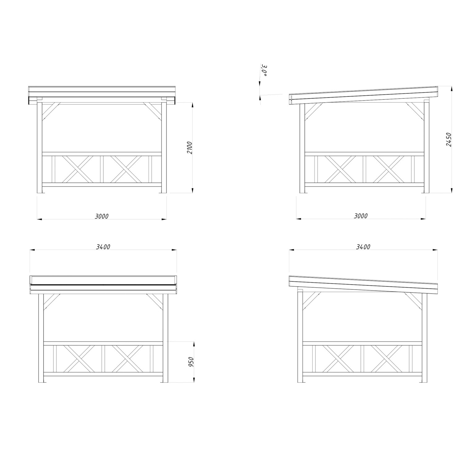 Technische Zeichnung Palmako Pavillon Lenna Set 301, 300x300 cm, tauchgrundiert, mit Maßen.