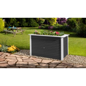 Anthrazitfarbenes Weka Holz-Hochbeet WekaLine 669 im Garten mit Bepflanzung.