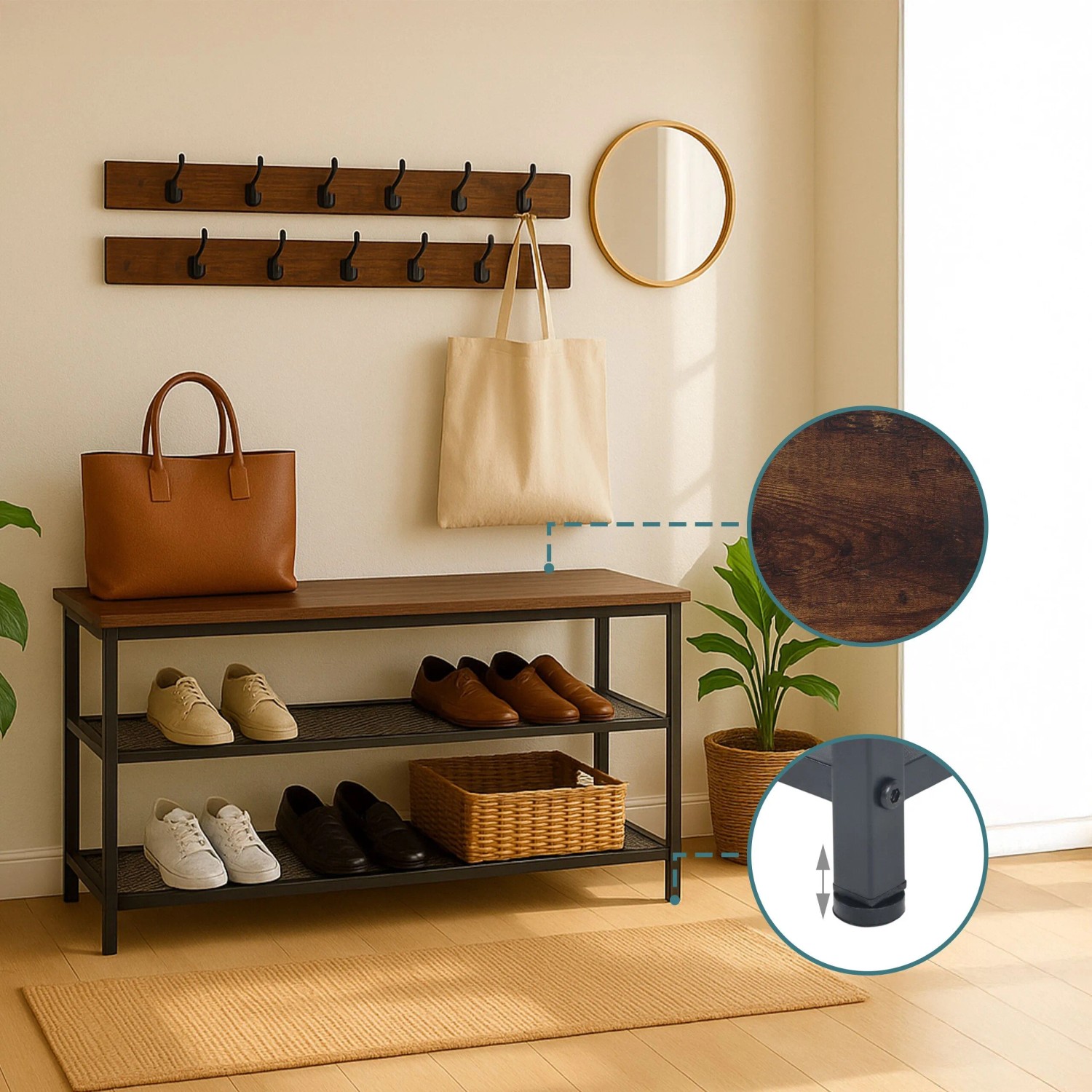 Relaxdays Schuhregal mit Garderobe Set. Schwarzes Metall, dunkelbraune MDF-Ablage, 2 Hakenleisten im Industrial-Style für Flur.