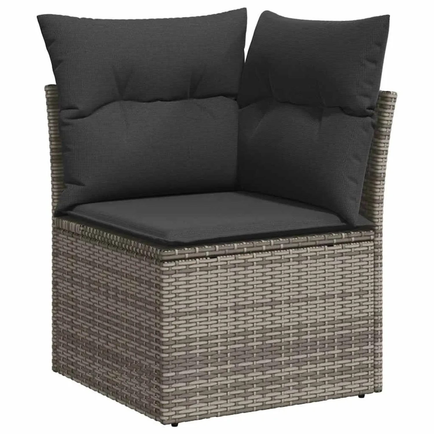 Graues Ecksofa aus Polyrattan mit Kissen, Teil der vidaXL Garten-Sofagarnitur.