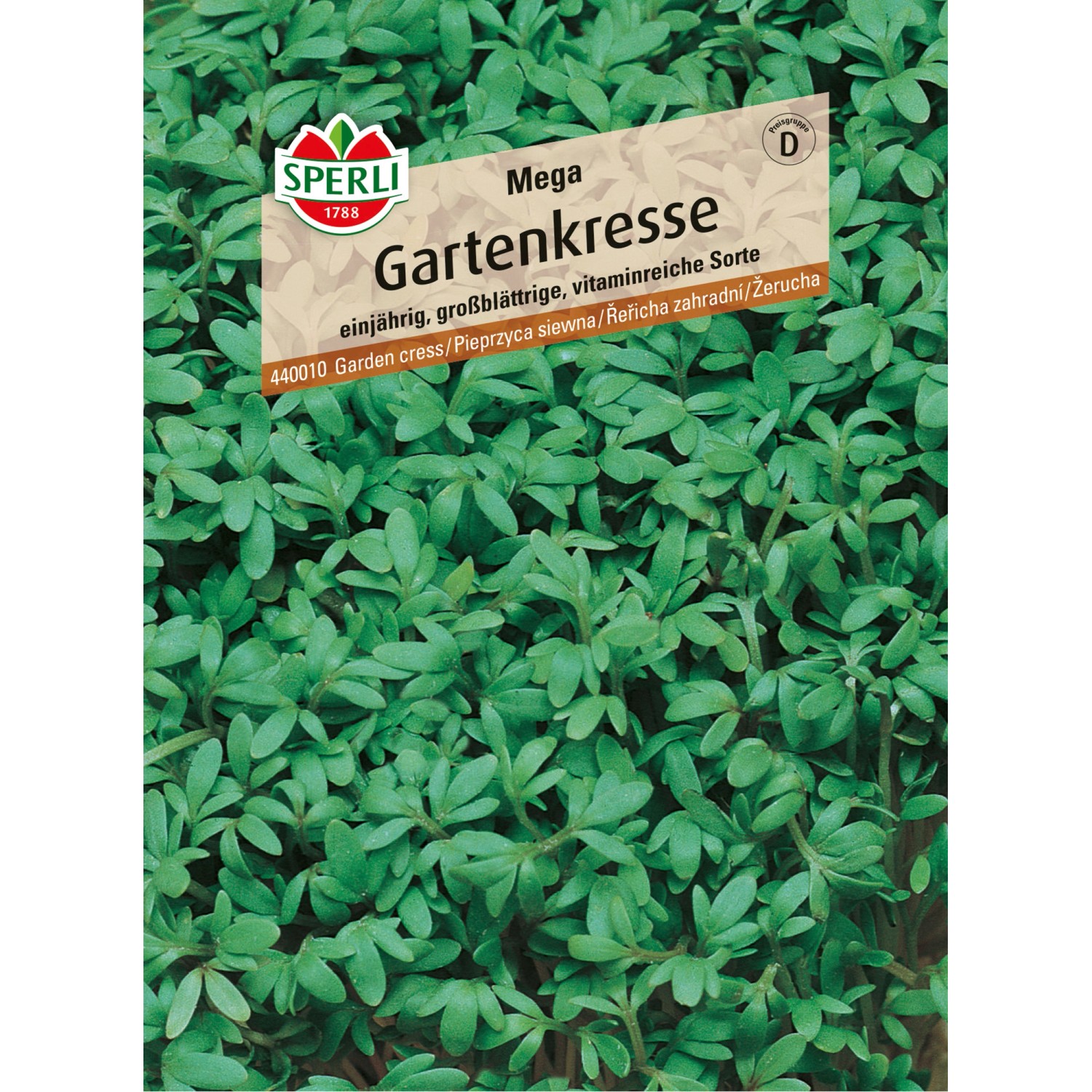 Sperli Gartenkresse Mega Samenpackung mit grünen Kresseblättern.