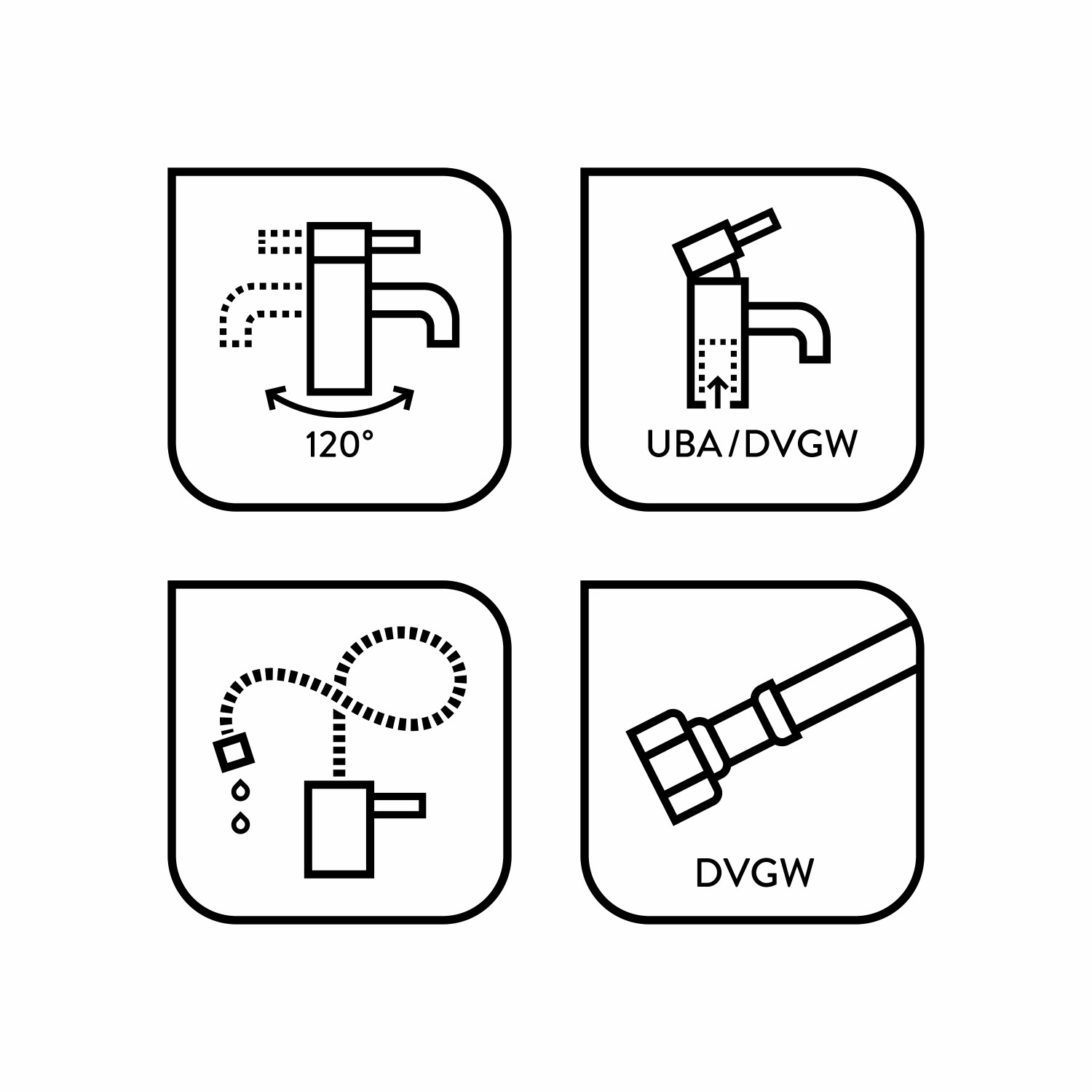 Icons zur baliv Küchenarmatur KI-1340: Schwenkbereich, flexibler Schlauch, UBA/DVGW-Zertifizierung.