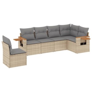 Beige 6-tlg. Garten-Sofagarnitur aus Rattan mit grauen Kissen und Holzablagen.