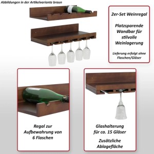 Dunkelbraunes 2er-Set Wand-Weinregal aus Holz für 6 Flaschen und 15 Gläser. Stilvolle Weinlagerung in Küche, Esszimmer.