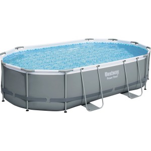 Bestway Frame Pool Power Steel Komplett-Set, 488x305x107 cm, oval, grau, mit Leiter und Filterpumpe.