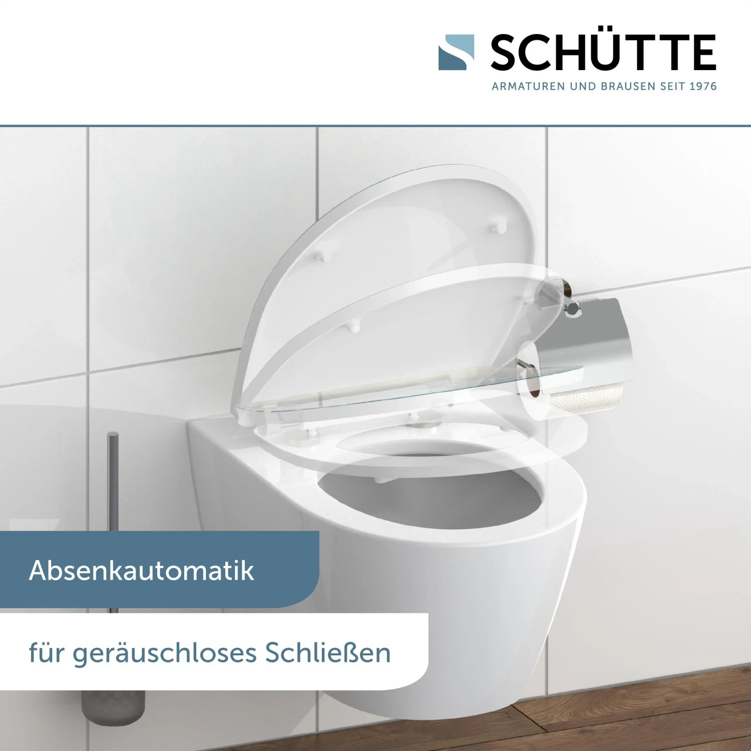 Schütte WC-Sitz Duroplast Magic Light mit Absenkautomatik auf weißer Toilette.