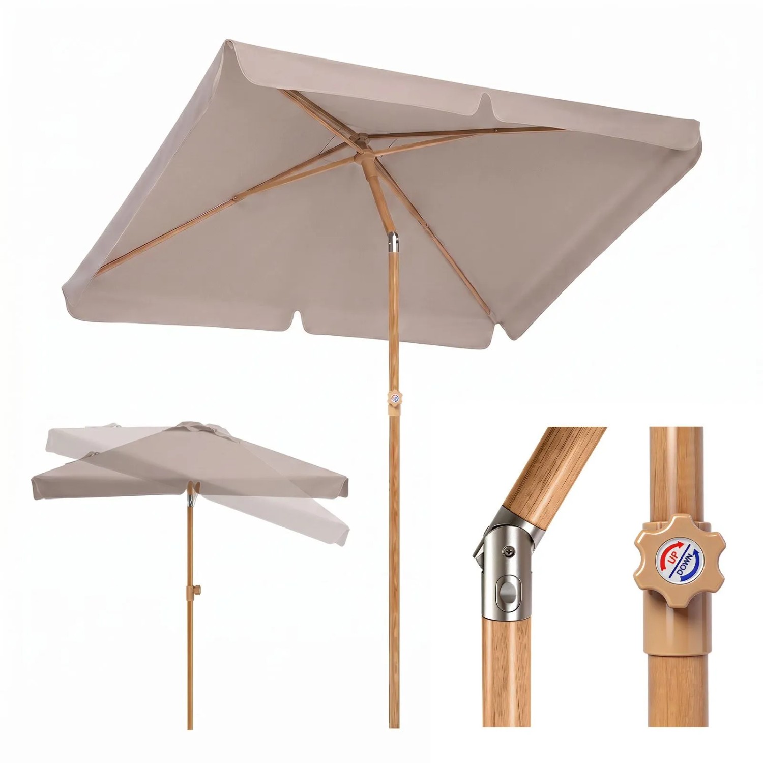 Sekey Rechteckiger Sonnenschirm 200 x 125 cm in Holzoptik mit UV50+ für Balkon und Terrasse