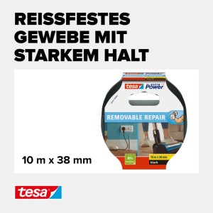 Schwarzes Tesa Extra Power Gewebeband, 10 m x 38 mm, reißfest für Reparaturen.