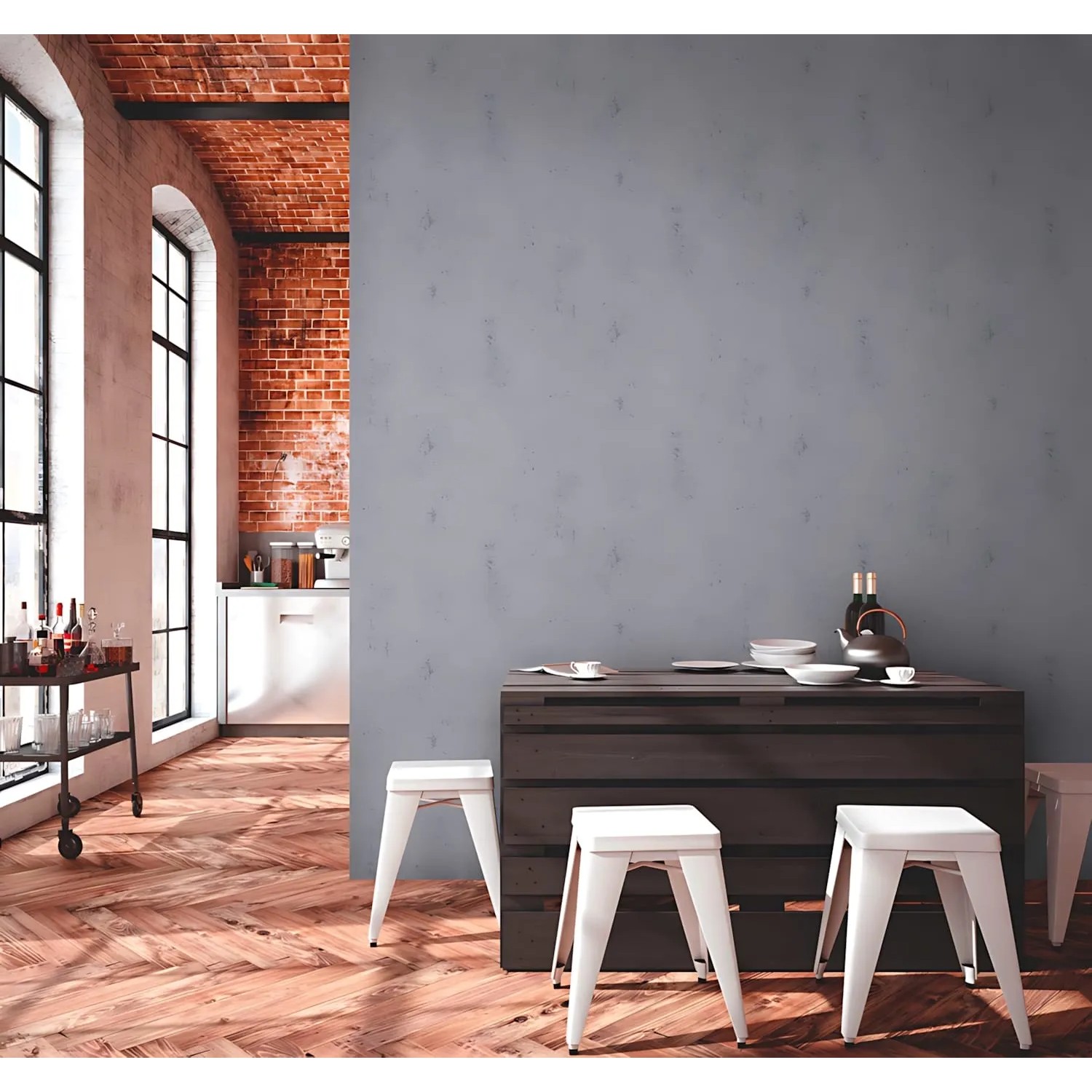 Graue Used Look Vliestapete von PROFHOME im Interieur mit Backsteinwand und weißen Barhockern.