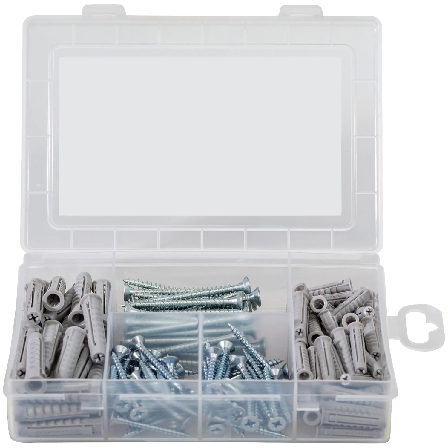 Fischer Meister-Box Wohnraum mit Dübeln und Schrauben (160 Teile) in transparenter Kunststoffbox.
