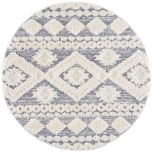 Runder, grauer payé Teppich Nara mit Boho-Ornament, 120x120 cm. Hochflorteppich.