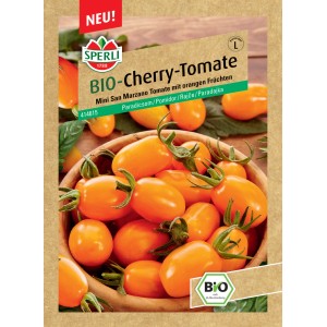Samenpackung Sperli Bio Cherry-Tomate Ormato mit orangen Mini San Marzano Tomaten.