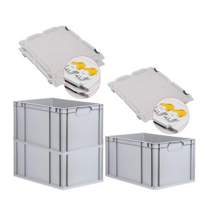 PROREGAL Spar Set: 3 graue Euroboxen 65L mit Scharnierdeckel und gelben Verschlüssen. Ideal zur Aufbewahrung.