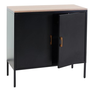 Schwarze MCW Kommode L84-2 mit zwei Türen und hellem Holzdeckel. Schubladenkommode mit Metallbeinen.