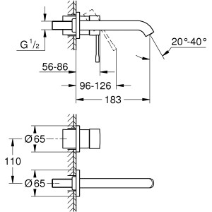 Technische Zeichnung: Grohe Essence 2-Loch Waschtischbatterie Hard Graphite mit Maßangaben.