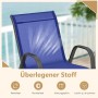 Detailansicht: Blauer Gartenstuhl aus Textilene mit Metallgestell, stapelbar.