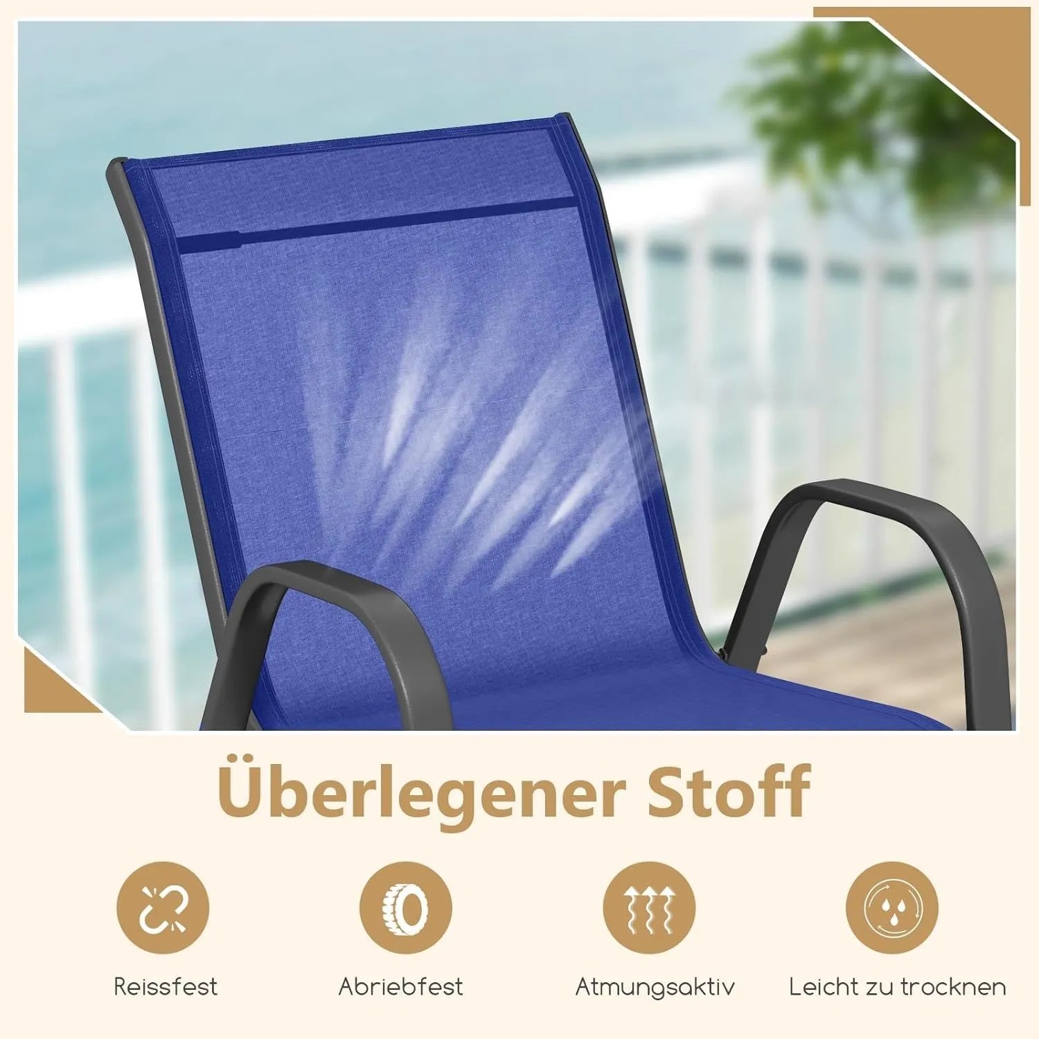 Detailansicht: Blauer Gartenstuhl aus Textilene mit Metallgestell, stapelbar.