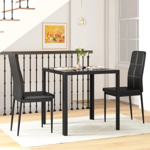 Schwarze HOMCOM Essgruppe mit Glasplatte und zwei Kunstlederstühlen. Ideal für kleine Räume.