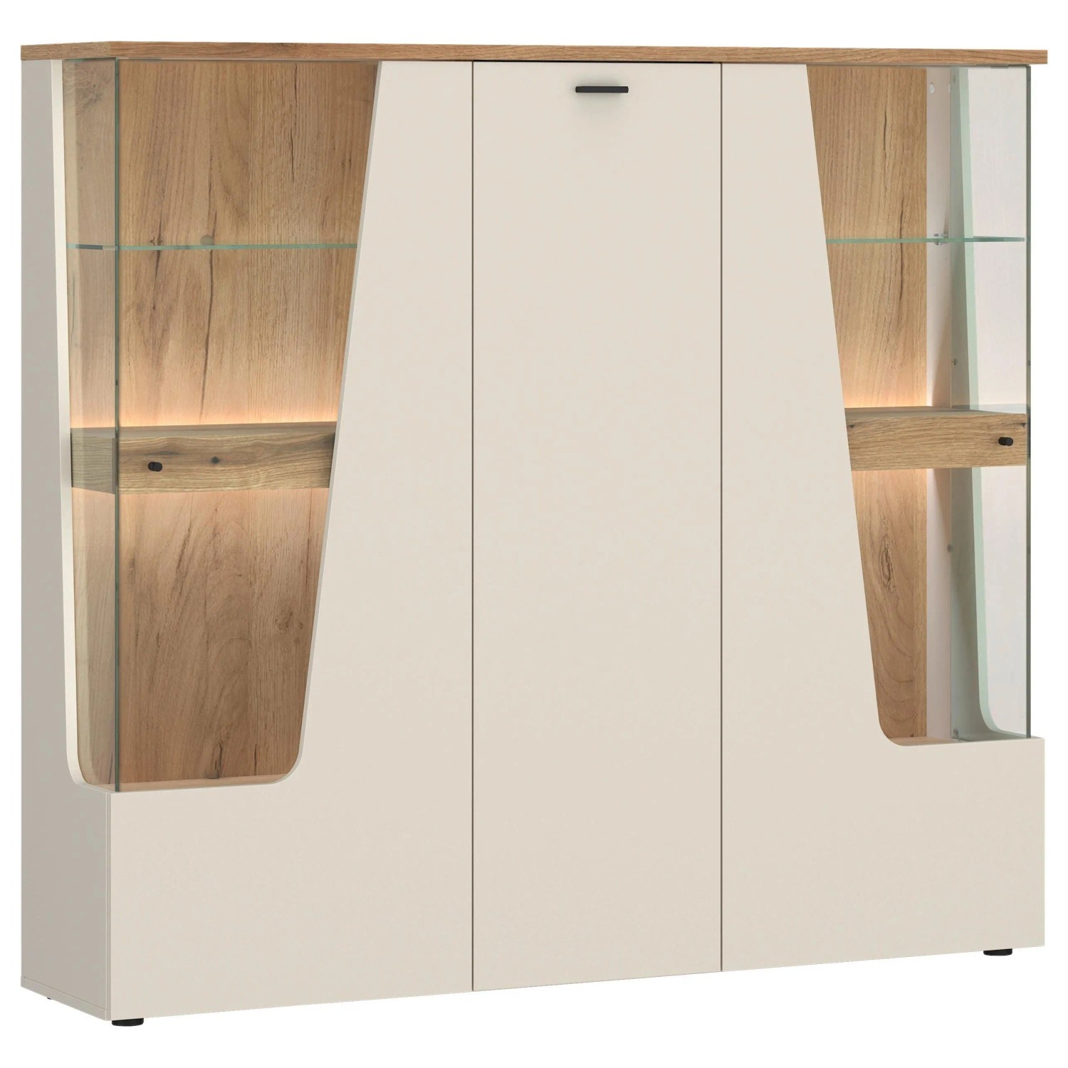 Premium Living Vitrine 3-türig, Cut Out B: 150 cm,Kaschmir/Eichefarben