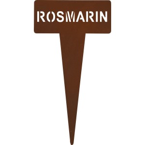 Rostfarbener Kräuterstecker Rosmarin, 15 cm, aus Metall zur Kennzeichnung im Kräutergarten.
