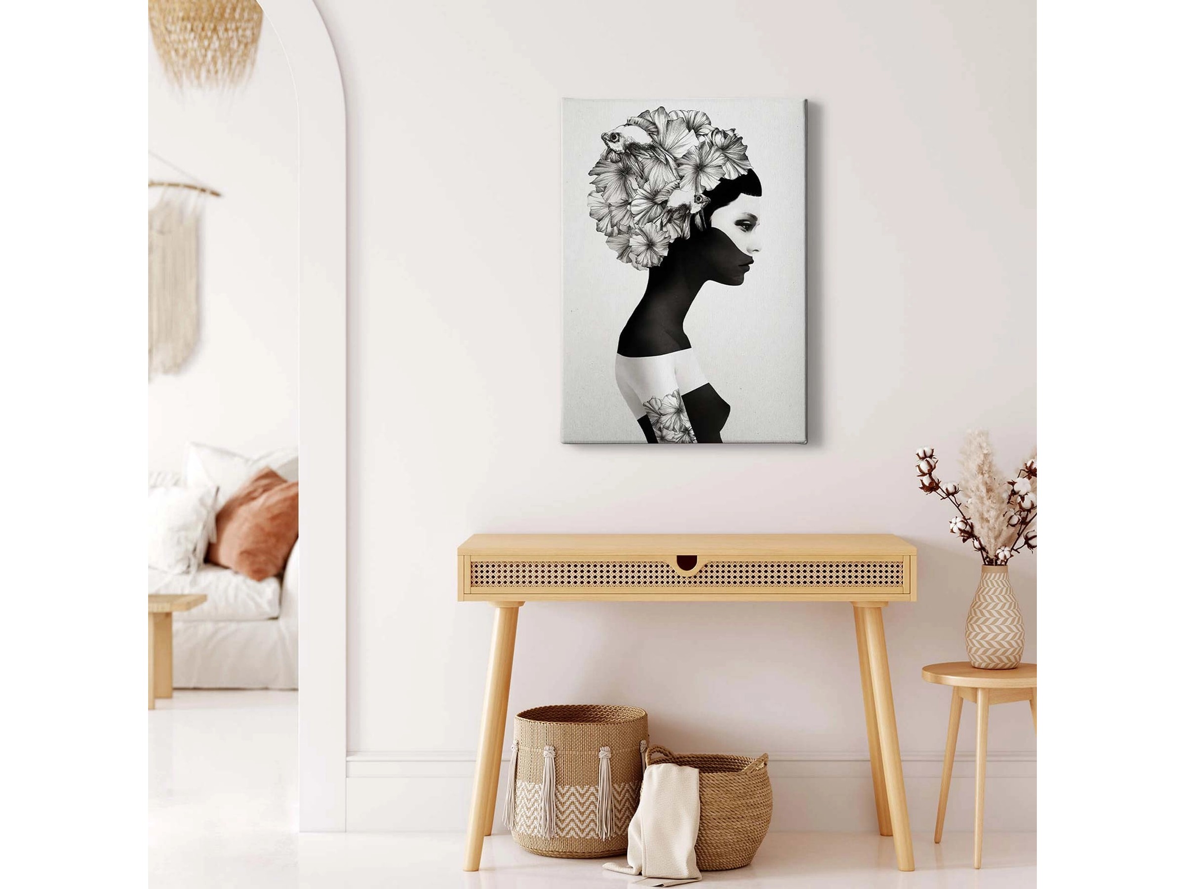 Afroamerikanische Leinwand Wandbild 40x60 Cm – Weiße Blume Auf Schwarzem Frauenkopf, Abstrakte Kunst, Wanddekor