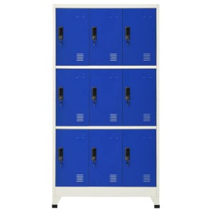 Grau-blauer Schließfachschrank aus Stahl, 9 Fächer, ideal für Büro & Schule.
