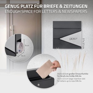 ML-Design Briefkasten, anthrazit/silber, mit Zeitungsfach. Abschließbarer Postkasten, 37x37 cm.