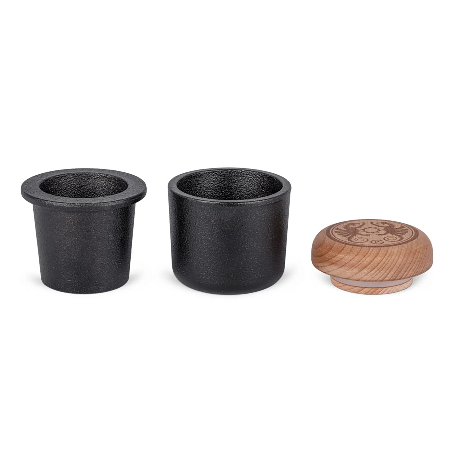 Petromax Handmörser H-Mortar aus Gusseisen (65 ml), zerlegt in drei Teile.