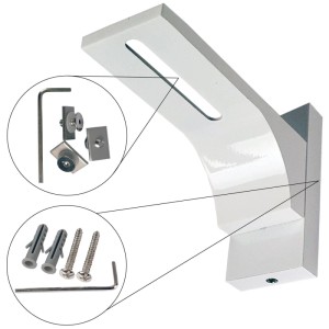 Detailaufnahme Wandträger und Montagematerial für Bestlivings Gardinenschiene, weiß.