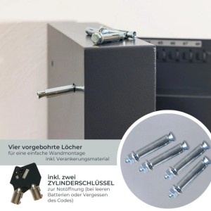 Anthrazitfarbener Schlüsseltresor mit Wandmontage-Set und zwei Notschlüsseln. HMF Tresor für 30 Schlüssel.