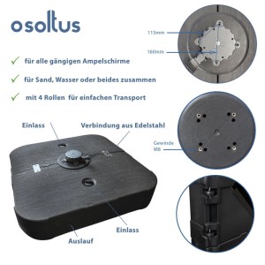 osoltus Ampelschirmständer, schwarz, befüllbar bis 150kg, mit Rollen. Robuster HDPE Schirmständer für stabilen Halt.